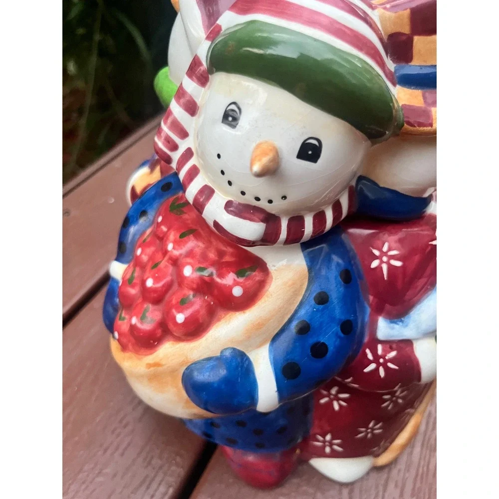 Vintage Christmas Snowman Trio Ceramic Cookie Jar Hand Painted Holiday Decor